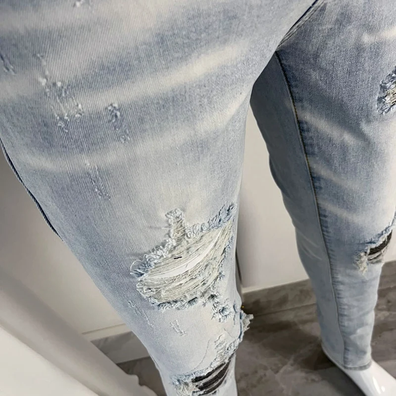 Street Fashion Men Jeans Retro Light Blue Elastic Stretch Skinny Ripped Jeans Men Patched Designer Hip Hop Brand Pants Hombre