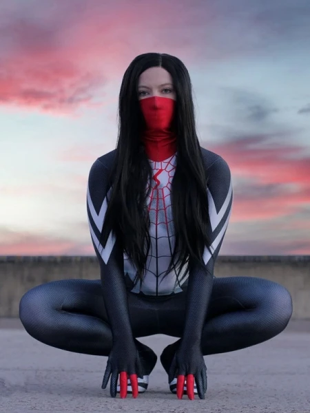 

Новейший Шелковый костюм Symbiote для девочки, костюм для косплея, 3D принт, спандекс, Хэллоуин, зентай, боди с полумаской