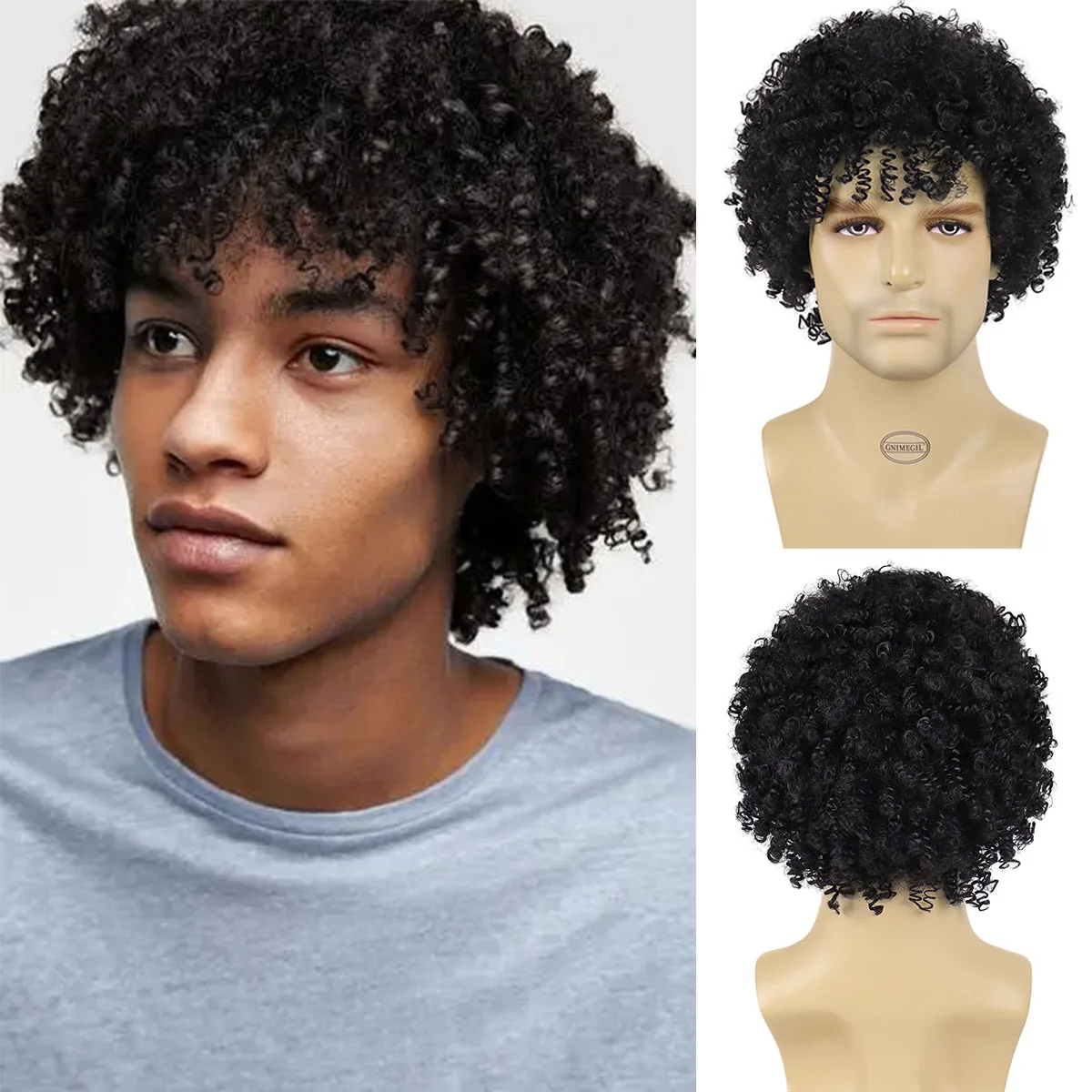 GNIMEGIL Synthetic Short Black Hair Afro Kinky Curly Wig with Bangs Natural Fluffy Wig for Black Men Cosplay High Temperature