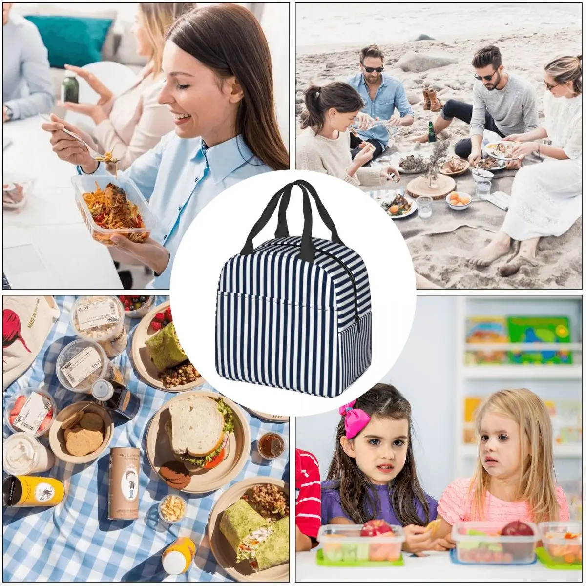 Nautical Navy Blue Lunch Bag with Handle Stripes Pattern Aluminum Cooler Bag Portable Carry Travel Thermal Bag images - 6