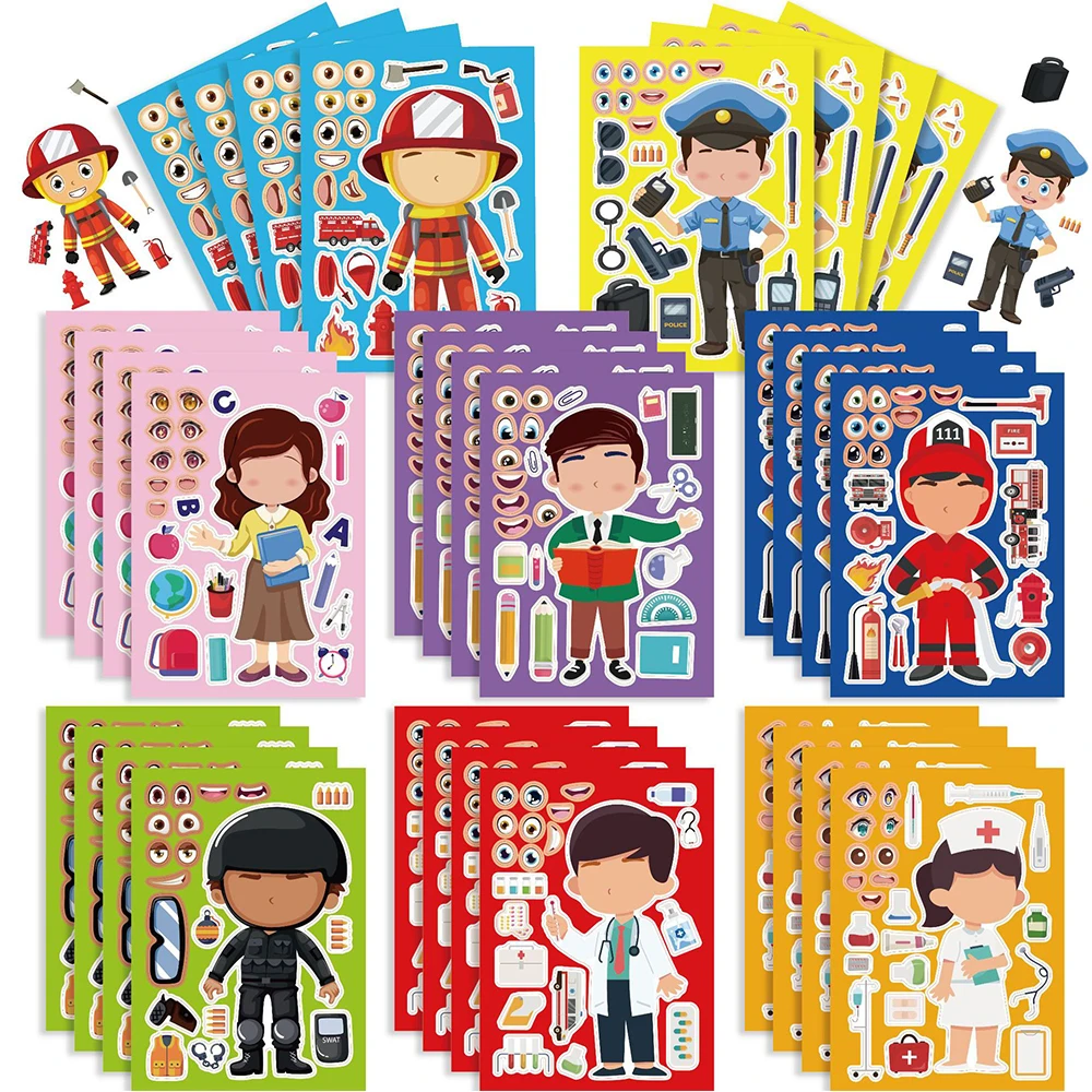 

8/16Sheets Cute Career Change Cartoon Puzzle Stickers Make-a-Face Funny Assemble Jigsaw DIY Cartoon Sticker Kids Educational Toy