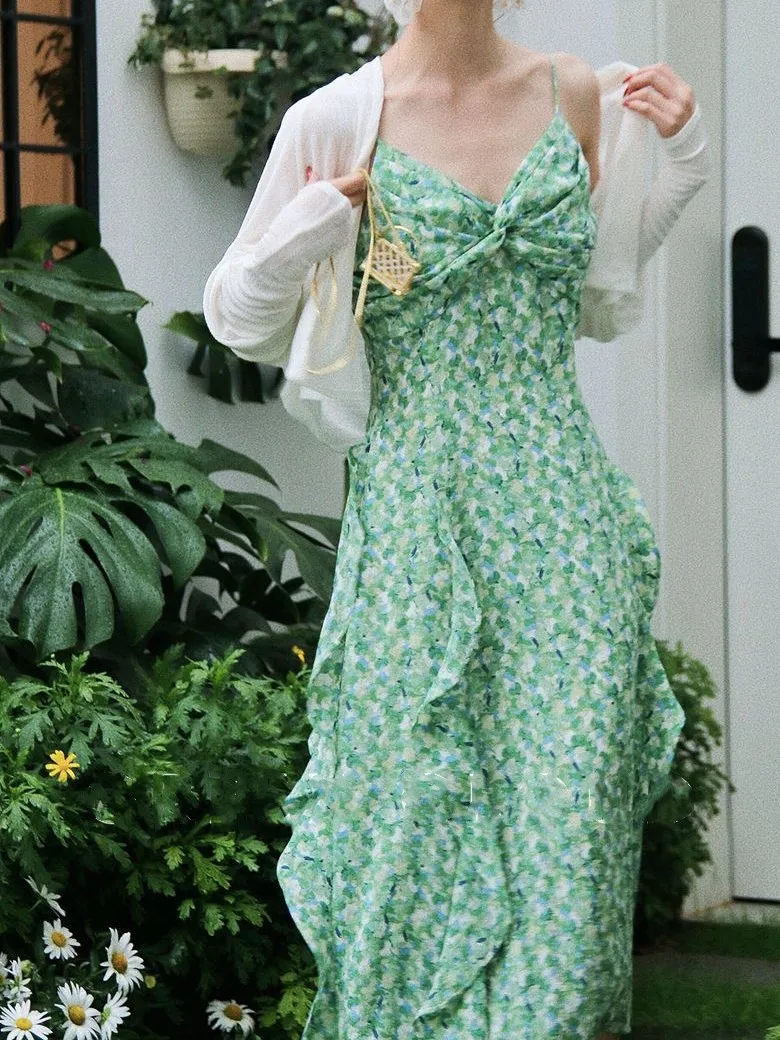 

Summer Elegant Backless Dresses Spaghetti Strap Long Dress Women Vintage Beach Party Maxi Dress Green floral dress Robe Vestidos