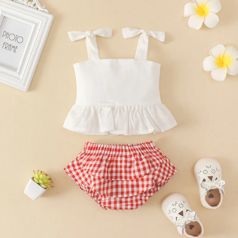 

Infant Girls Two Pieces Clothes Outfit Bowknot Strap Ruffle Hem Solid Color Tank Tops Plaid Shorts Clothing Sets