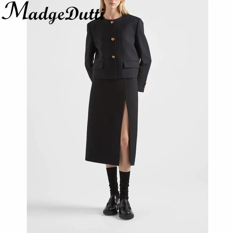 

3.15 MadgeDutti Temperament Black Set Women O-Neck Single Breasted Short Jacket Or High Waist Midi Split Skirt With Lining