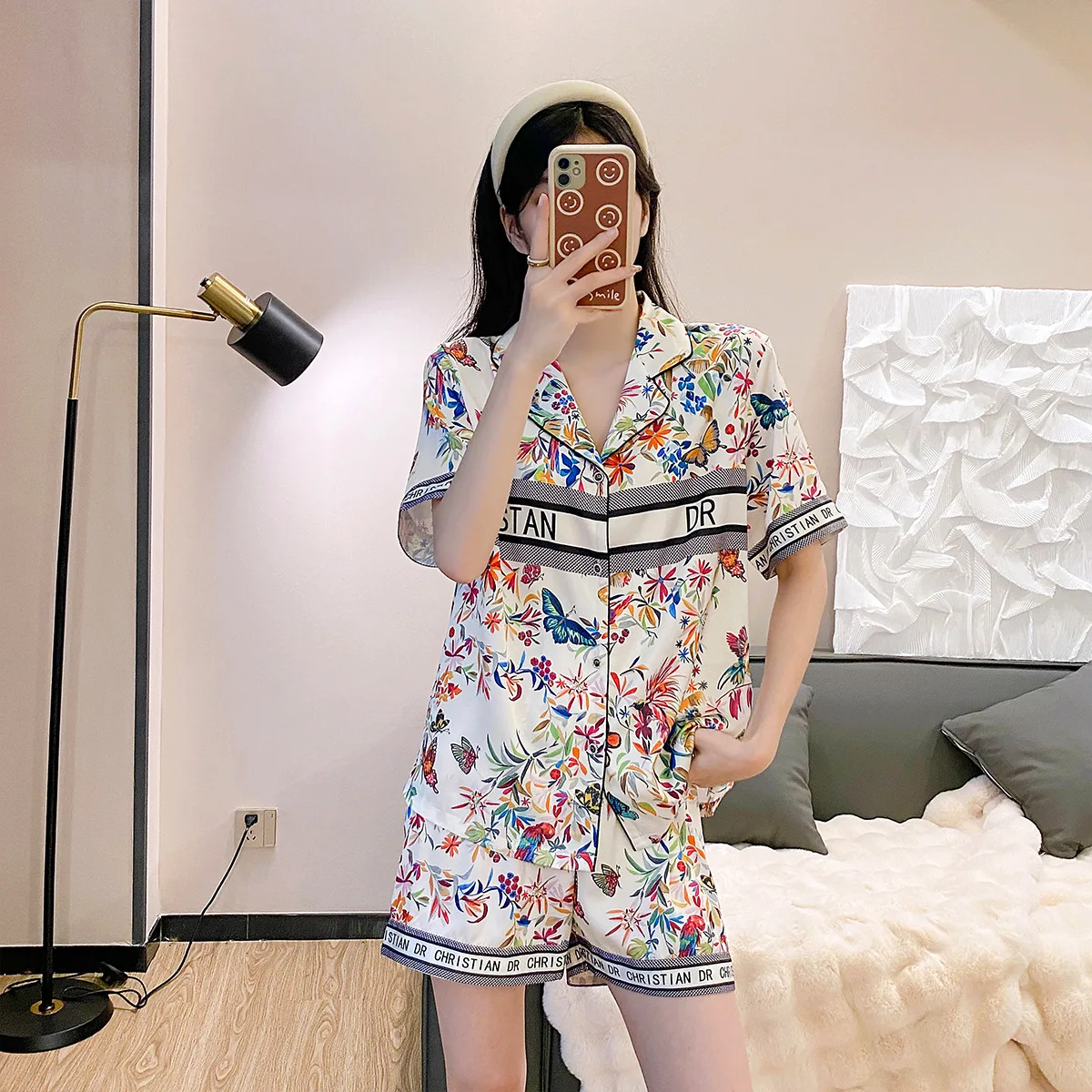 Атласные пижамные комплекты с цветочным принтом животных шорты штаны женская