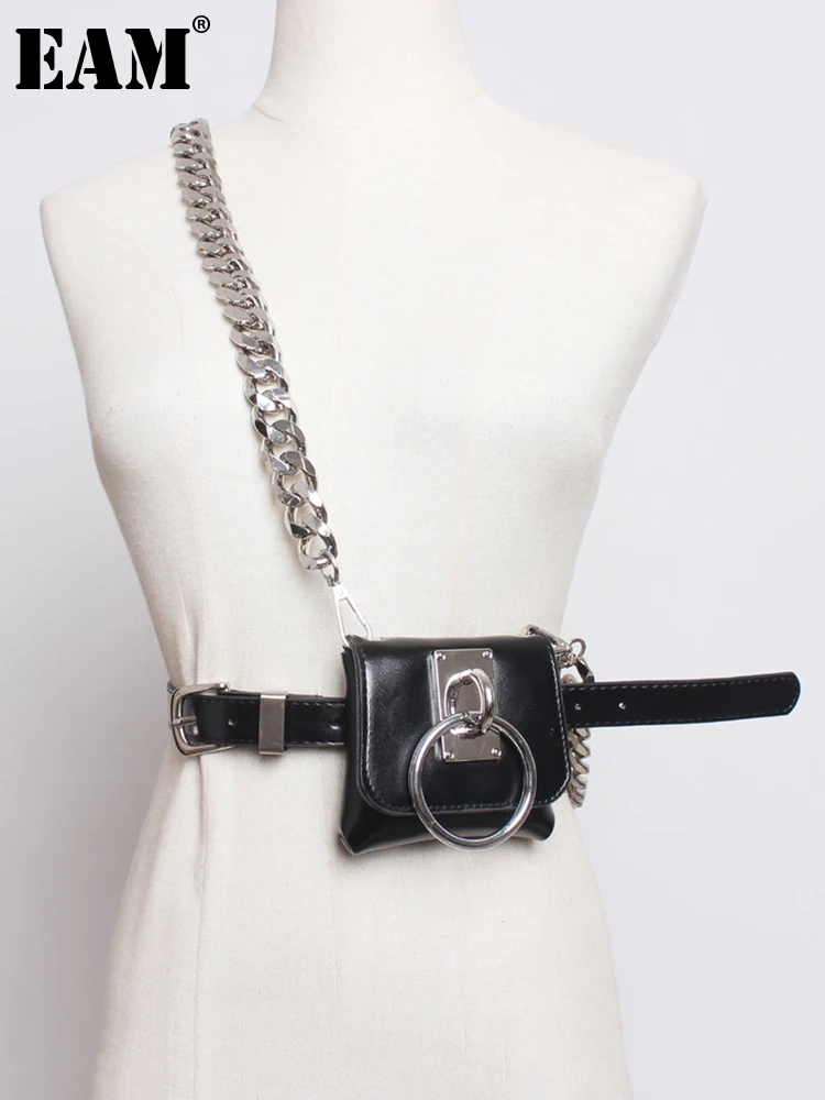 

[EAM] Pu Leather Black Mini-bag Chain Long Wide Belt Personality Women New Fashion Tide All-match Spring Autumn 2022 1DE6247