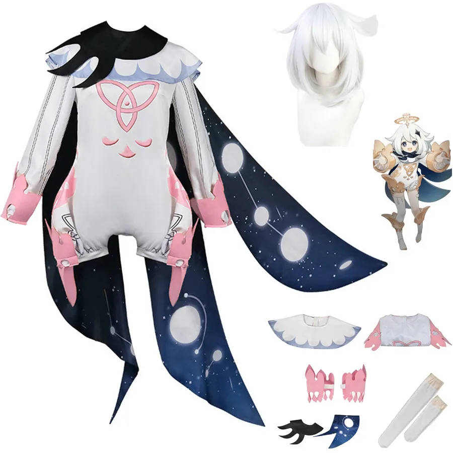 

Anime GAME Genshin Impact Paimon Cosplay Costume Pink Printing Jumpsuits Cloak Wig Adult Man Woman Kawaii Lolita Halloween Suit