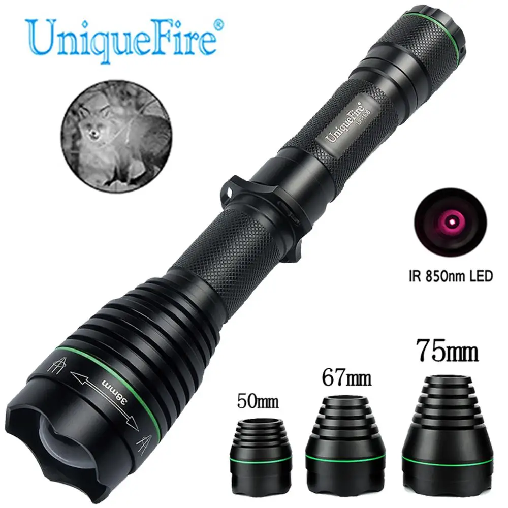 

UniqueFire 1508 T38 IR нм светодиодный фонарик, Инфракрасный Регулируемый охотничий фонарь ночного видения + 50 мм, 67 мм, 75 мм полный комплект