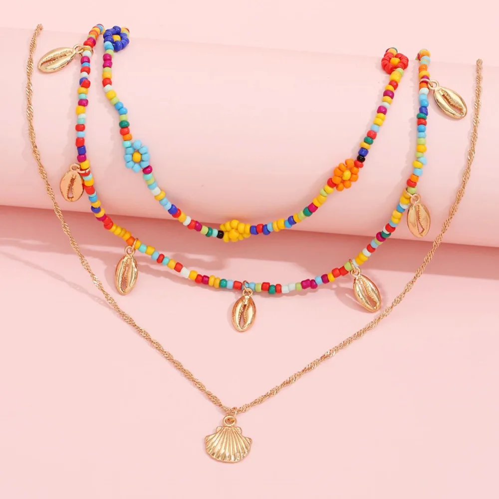 Rainbow Bead Necklace Creative Flower Multilayer Necklace Metal Shell Pendant enlarge