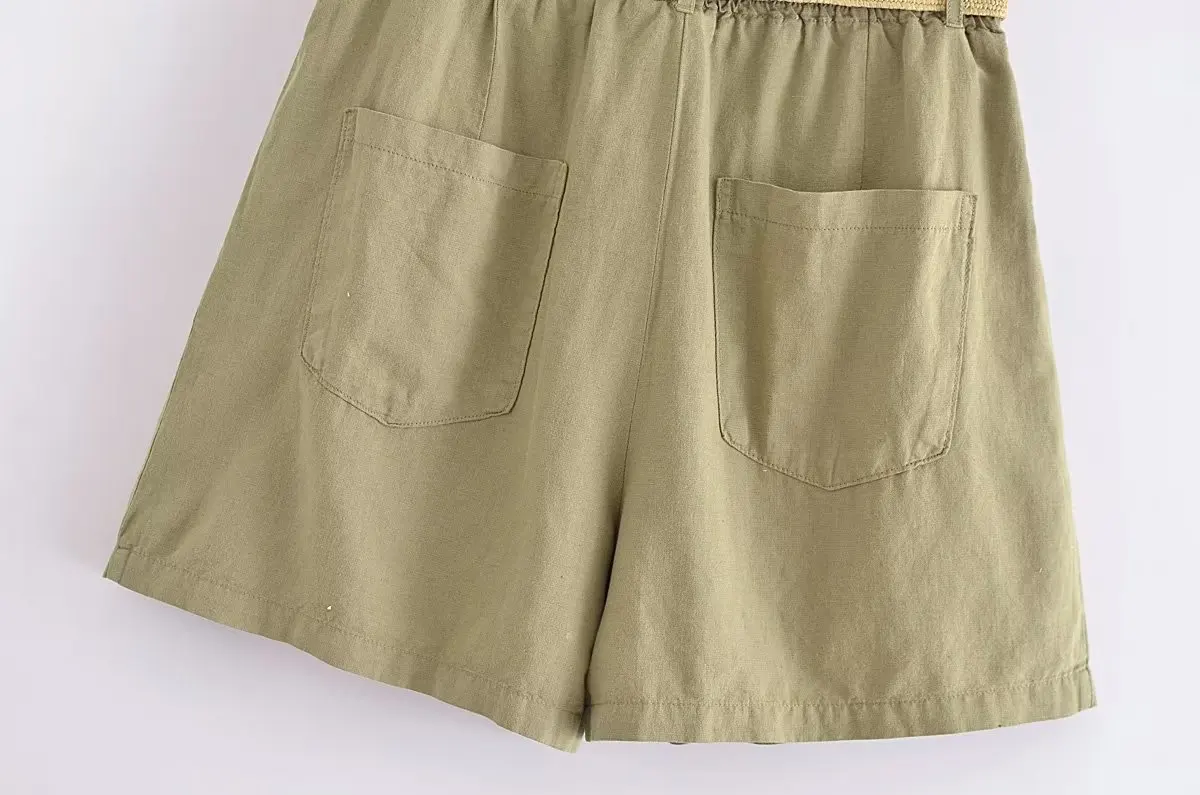 Withered French Country Style Simple Casual Linen Bermuda Ladies Loose Fashion High Waist Summer Shorts Women