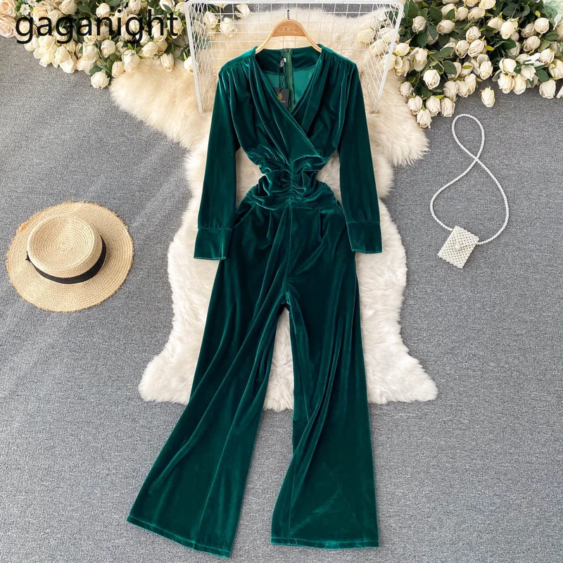 

Gaganight Women Jumpsuits Temperament V neck High end Velvet Long sleeved Waist Thin Chic High quality One piece Wide leg Pants