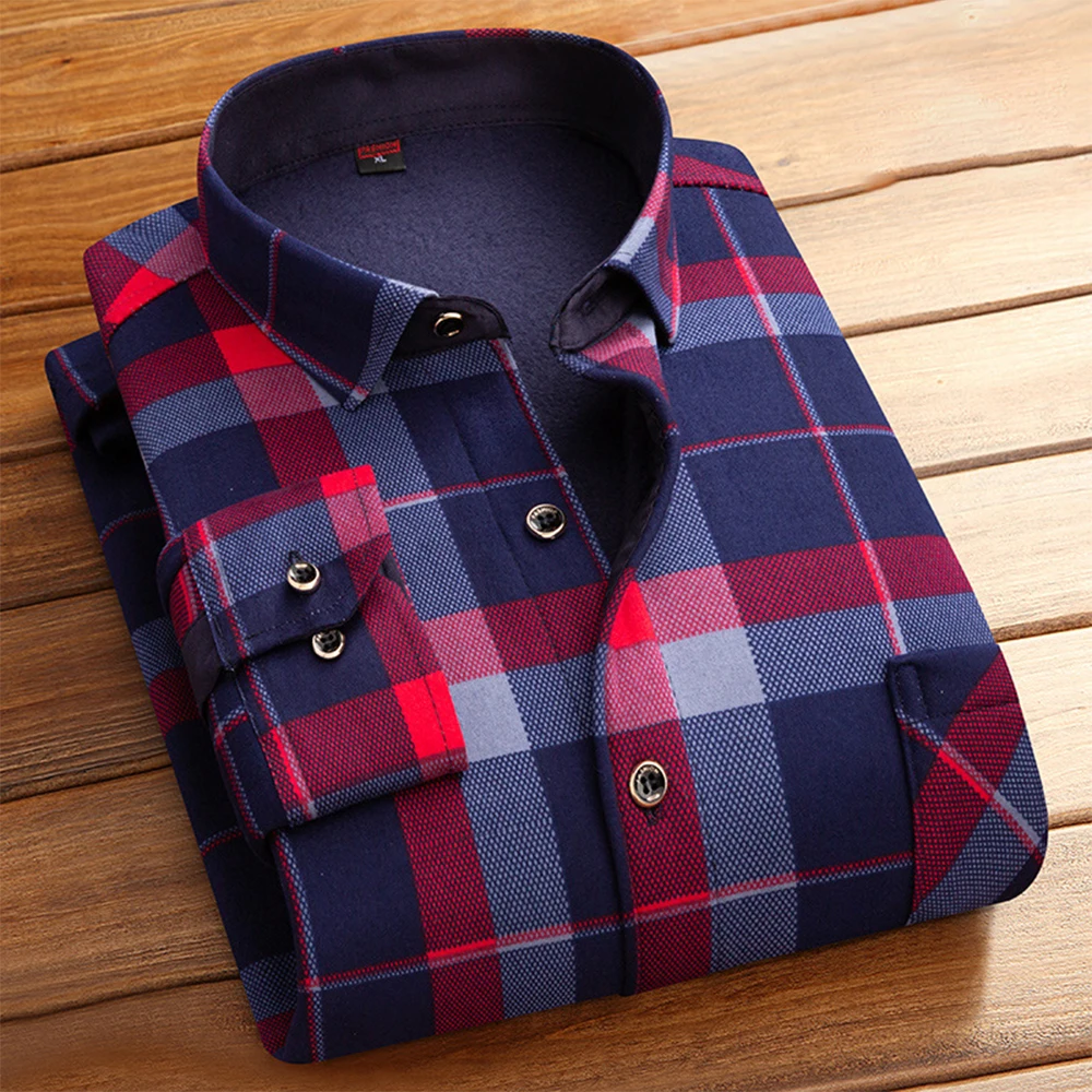 

Quality Flannel Plaid Men Fleece Shirt Cotton Winter Autumn Casual Long Sleeve Dress Shirts Soft Slim Fit Button Down Clothes