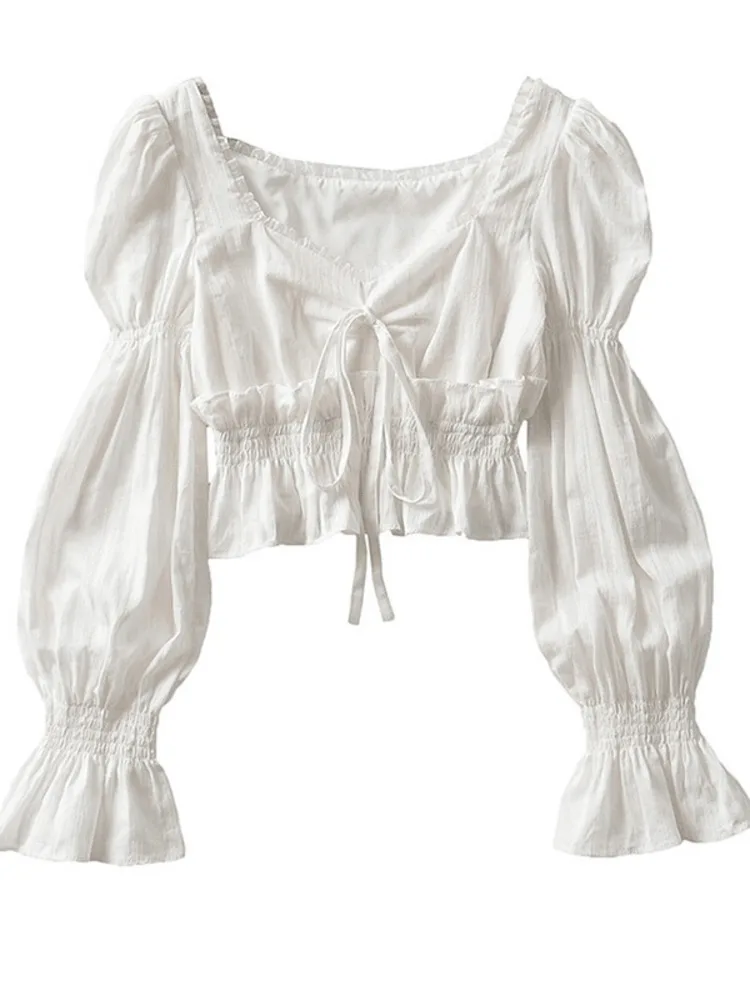 

French Pleated Lantern Long Sleeve Shirt For Women's 2022 Spring And Autumn New Vintage White Square Collar Blouse Tops Female