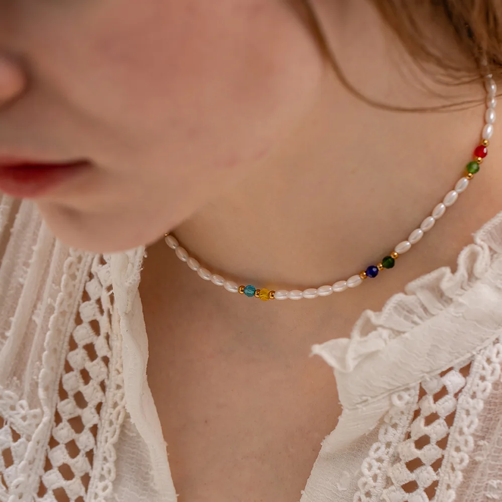 

Ins Style Spring Summer Candy Gold Plated Crystal Pearl Women's Female Necklace Stainless Steel Fashion Jewelry For Girl