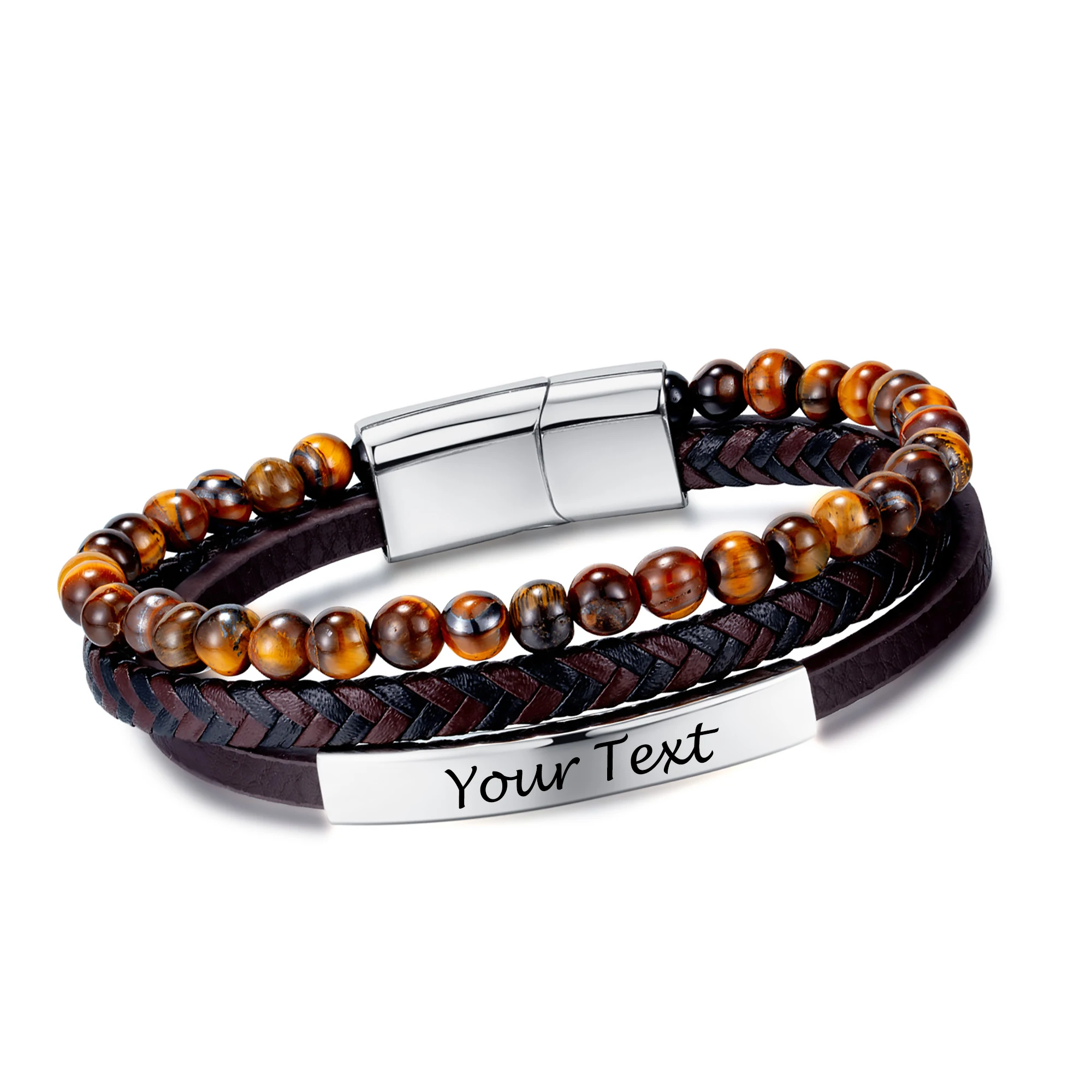 

Мужской Многослойный кожаный браслет с бусинами и тигровым глазом