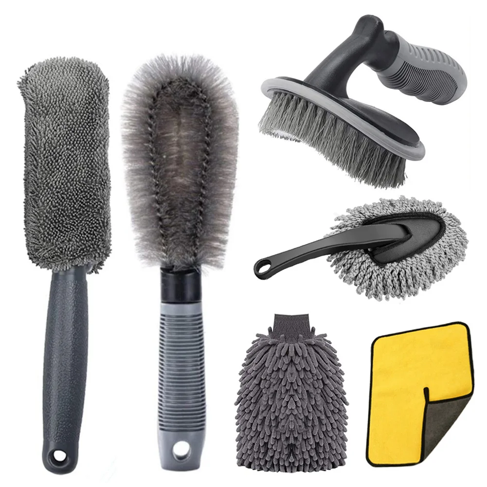 

6PCS Car Cleaning Brush Set Wheel Brush Car Detailing Kit Tire Rim Cleaner Microfiber Mitt Duster Car Cleaning Tools Accessories