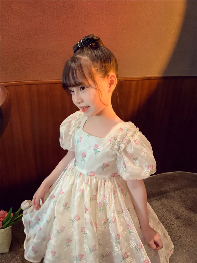 

Girls' Westernized Pearl Light Twilight Cloud Yarn Bubble Sleeve Princess Dress 2023 Summer New Girl Bow Dress