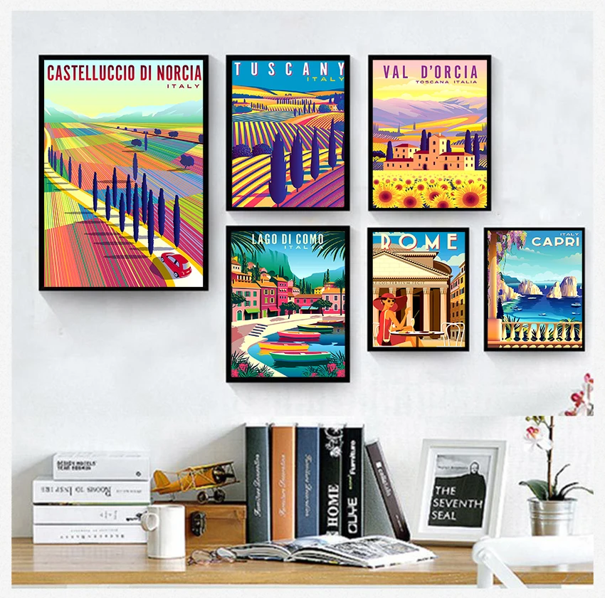 Retro Posters and Prints Travel Cities Landscape Wall Art Picture Bedroom Hd Print Vintage Painting Italy Rome Capri Tuscany