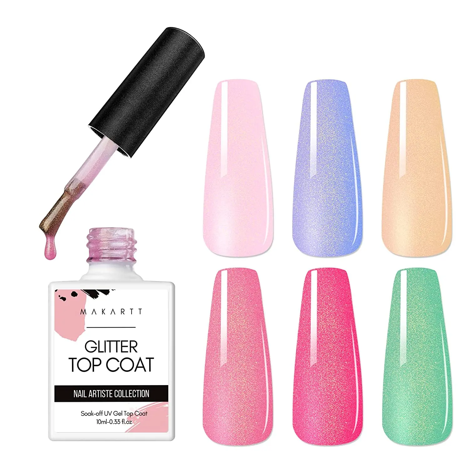 

Makartt Glitter Top Coat Gel Nail Polish No Wipe Sparkly Nail Gel Top Coat, Shiny Finish Effect and Long Lasting Soak Off UV Gel