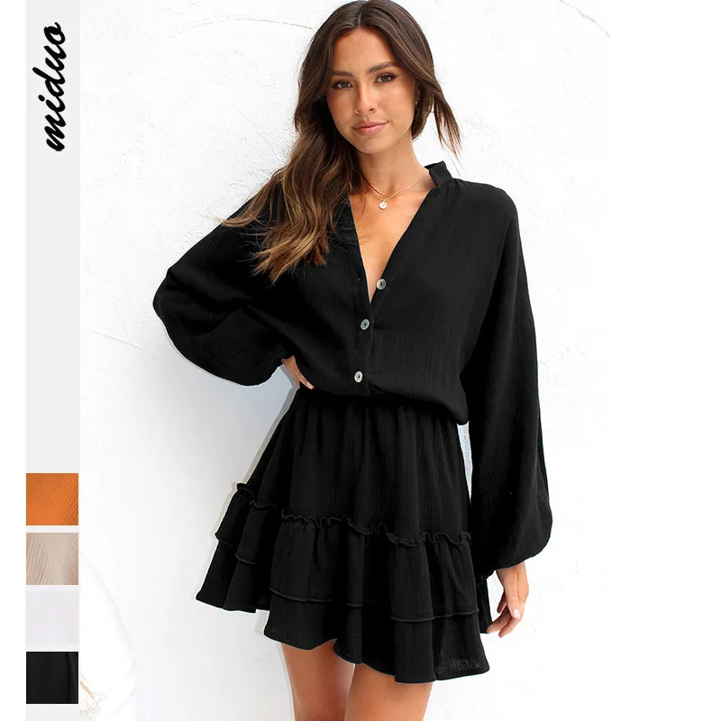 

Fashion women's autumn dress new button long sleeve loose shirt dress elastic waist ruffle skirt bodycon dress summer dress