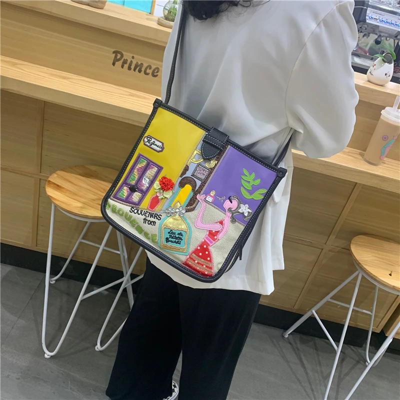 Women Bags Canvas Patchwork Embroidery Purse Cross Body Messenger Bag Shoulder Bags Braccialini Style Art Cartoon Perfume Girl