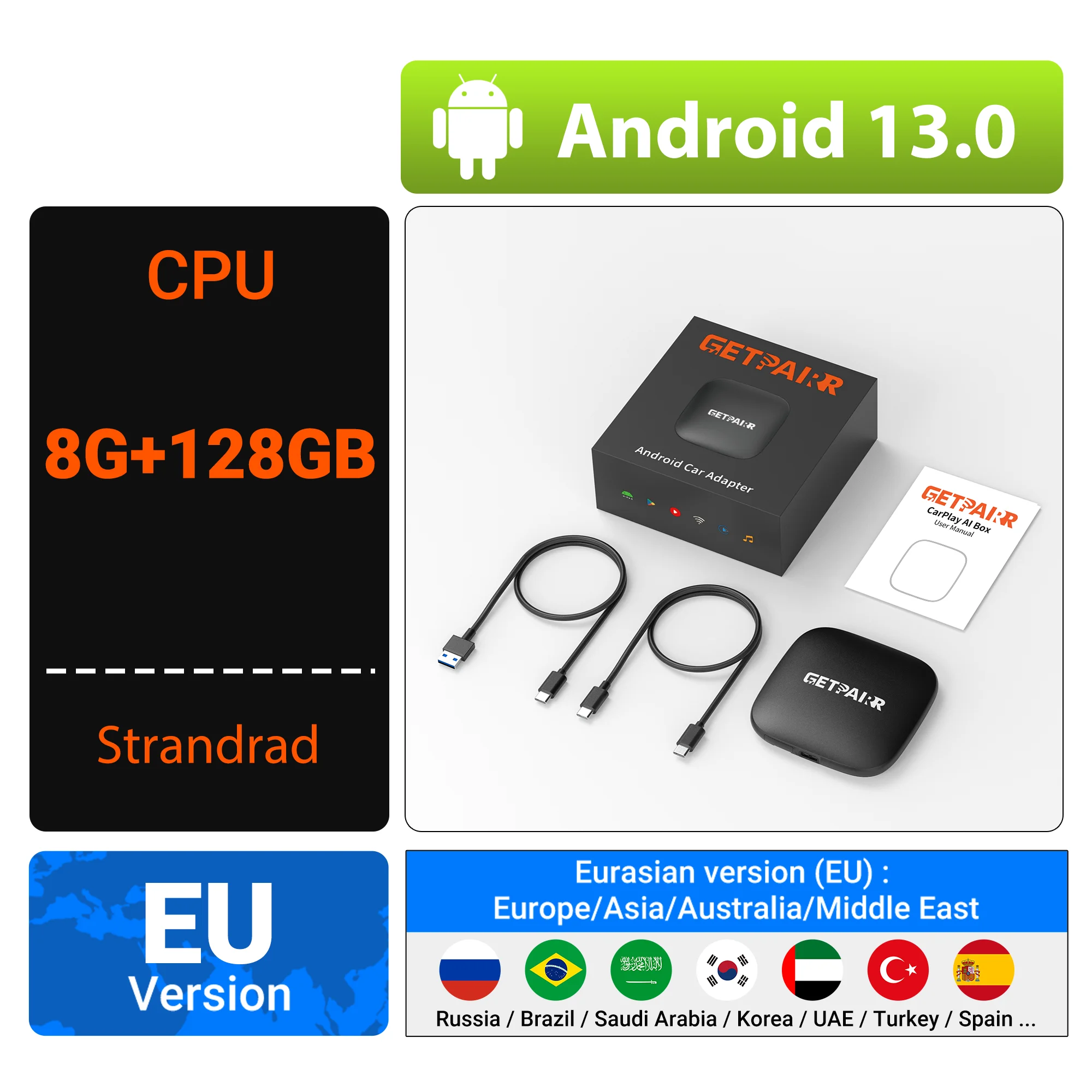 

GetPairr P1 Android 13 AI Box Беспроводной CarPlay Android Auto WiFi Автомобильные аксессуары для Benz Audi Toyota Mazda Ford Peugeot VW