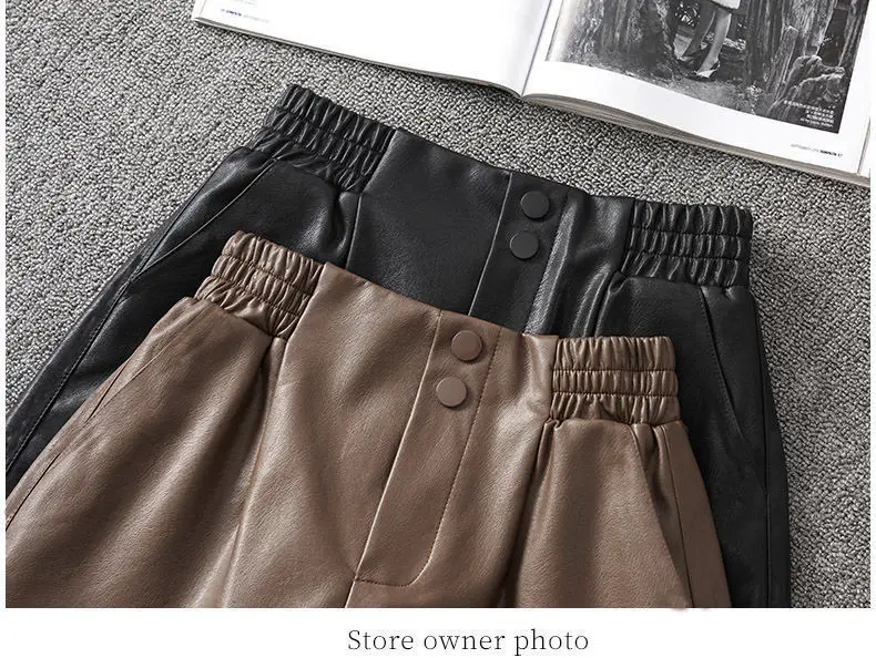 High waist leather shorts women's large fashionable autumn PU leather pants wear wide leg shorts P3 843