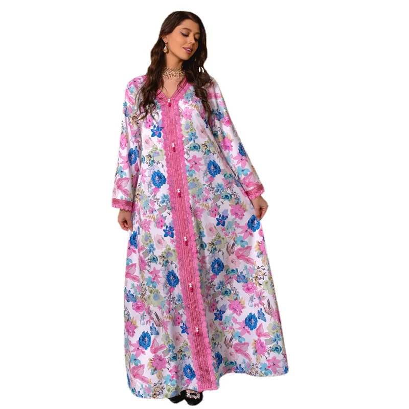 

Халат Hijab для женщин розовое платье с V-образным вырезом на пуговицах с цветочной вышивкой роскошное платье из Дубая