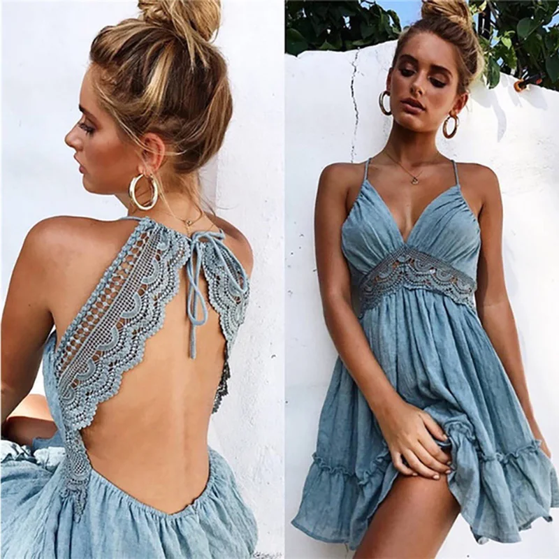 

Sexy Backless Women Summer Dress Bohemia Boho Embroidery Mini Dresses Lace Beachwear Vocation Casual Spaghetti Strap Vestidos