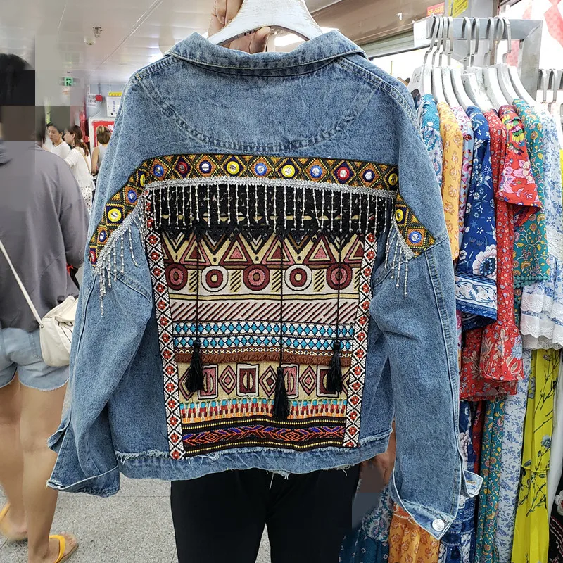 

Heavy Work Tassel Embroidery Denim Jacket Coat Women Vintage Loose Short Outerwear Long Sleeve Jeans Jackets Female Streetwear