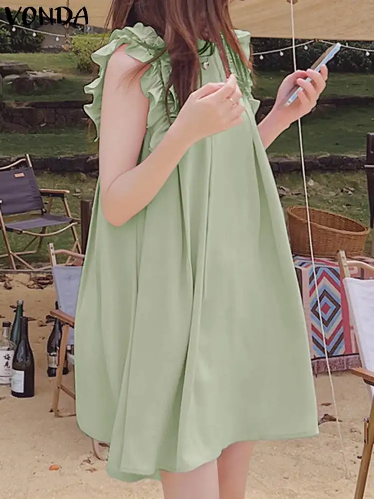 

VONDA Summer Sexy Mini Dress Women 2023 Fashion Elegant Sleeveless Sundress Casual Solid Color Ruffled Loose Beach Vestidos Robe
