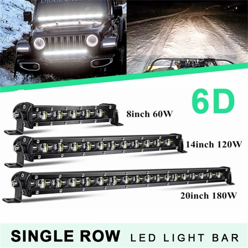Super Slim Single Row 6D Lens Led Light Bar 8/14/20inch LED Driving Lamp Off Road Lights for Boat SUV Truck ATV Work Light