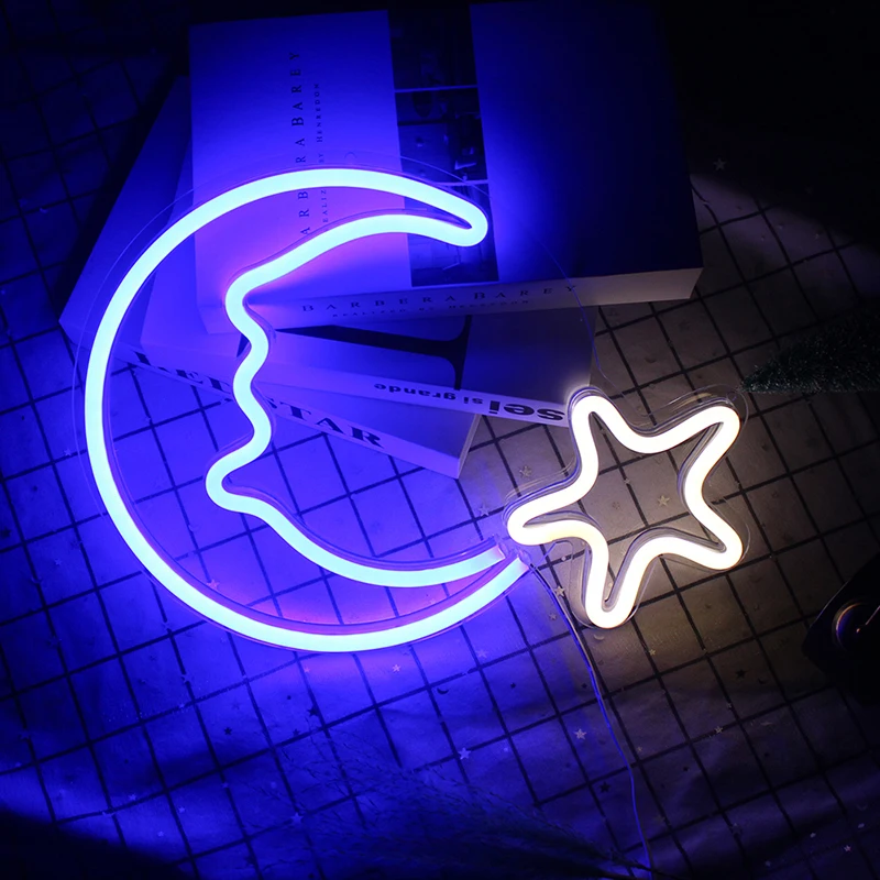 

Wanxing Decorative Moon Star Neon Signs Blue LED Light Wall Art Decor for Kids Bedroom Home Room Decoration Birthday Party Xmas