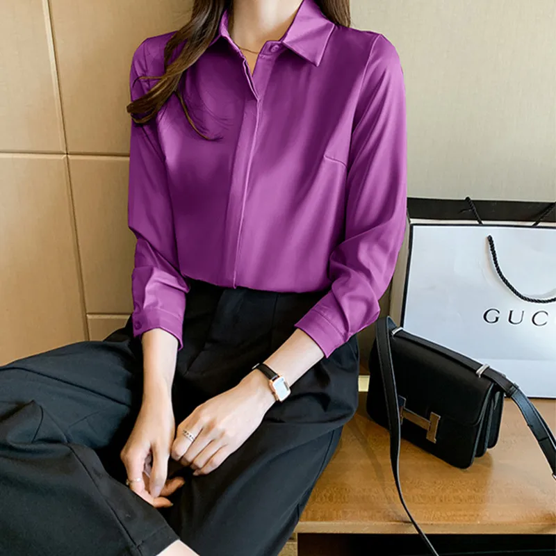 

Женские атласные рубашки, новинка весны 2022, Офисная Дамская рубашка с длинным рукавом, Женские однотонные базовые Топы, модная одежда, элега...