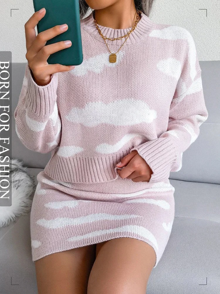 

2022 Autumn Women Sweater Dress Elegant Long Sleeve Crop Top Skirt Set Casual 2 Piece Set Ladies Outfits Suit Streetwear Clothes
