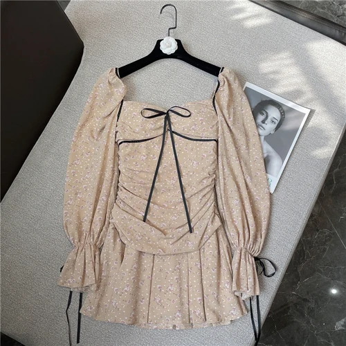 

Floral Print Chiffon Dress Woman 2022 Spring and Summer New Sexy Square Collar Long Puff Sleeve Pleated Dresses Female Outfits