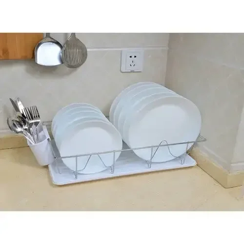 

3 Piece Chrome Dishrack with Tray in White, Kitchen Organizer, Dish Drying Rack , Home Organization and Storage , Kitchen Items
