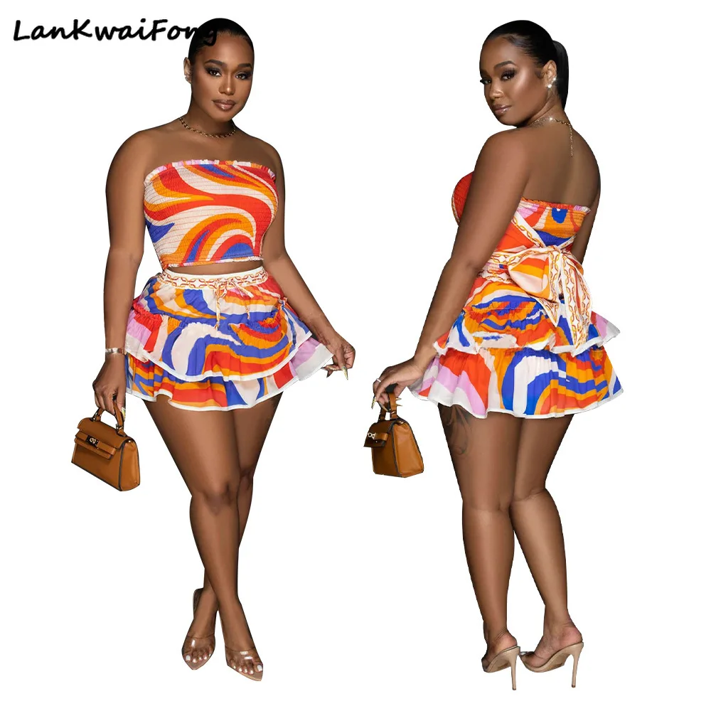 

LKF Holiday Casual Women's Sexy Wrapped Chest Sleeveless Backless Printed Short Skirt Two-piece Set