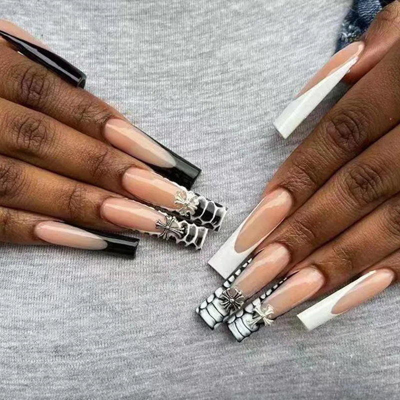 

24Pcs Black White French Long Ballet False Nails With Crocodile Pattern Cross Design Wearable Press On Nails Full Cover Nail Tip