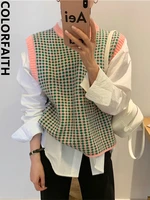 Colorfaith 2022 Y2K New Women Sweaters Vest Sleeveless Oversized Spring Vintage  Checkered Waistcoat Lady Tops SWV1396JX
