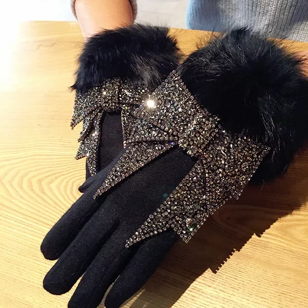 Winter Wool Touch Screen Gloves Rhinestone Luxury Bowknot Fur Gloves Female Mittens Cashmere Warm Gloves Luva
