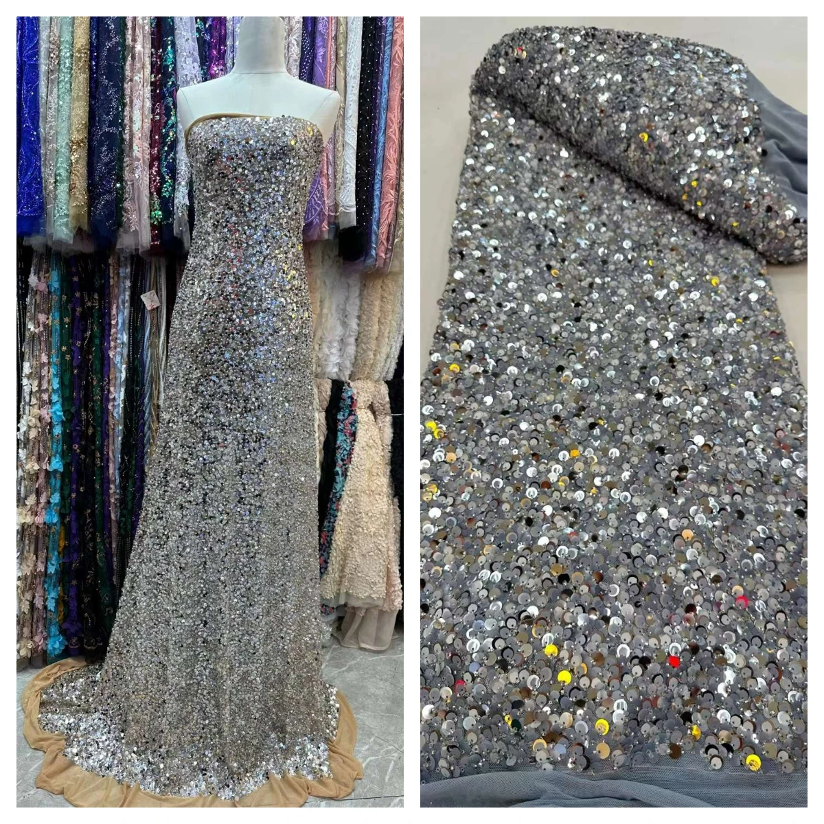 

Luxury African Heavy Sequins Wedding Fabric 2023 High Quality Nigerian Sequined Lace French Tulle Fabric For Sewing Party Dress