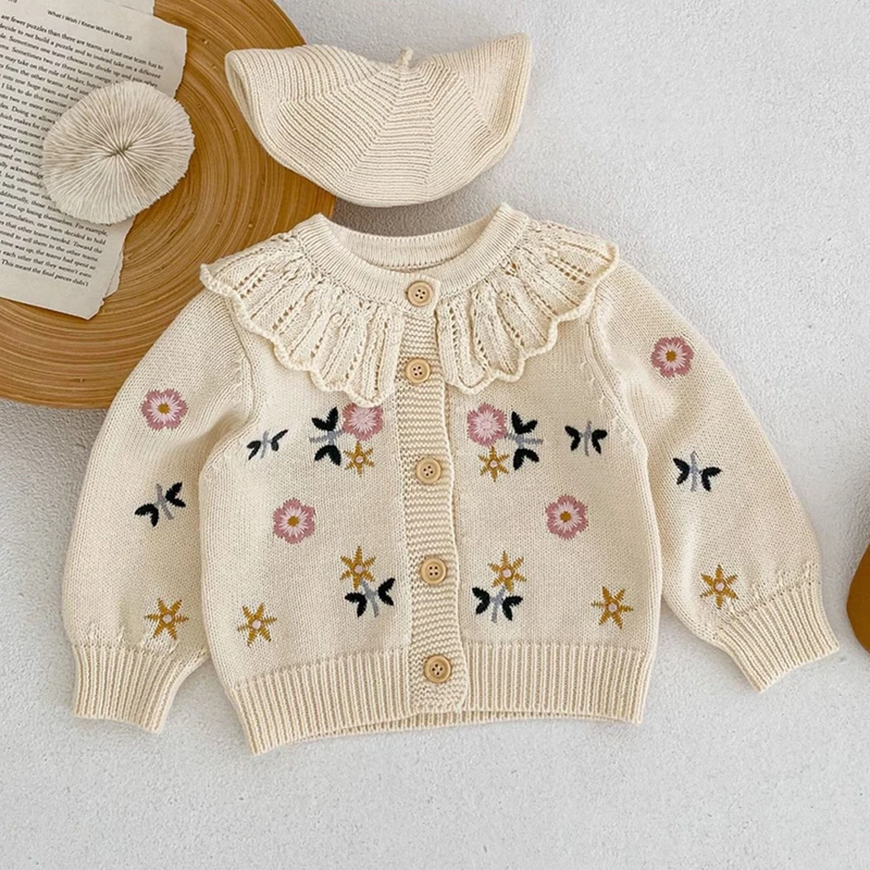 2023 Toddler Baby Girl Sweater Coat Spring Autumn Floral Embroidery Knitted Cardigan for Infant Pure Cotton Fashion Kids Clothes