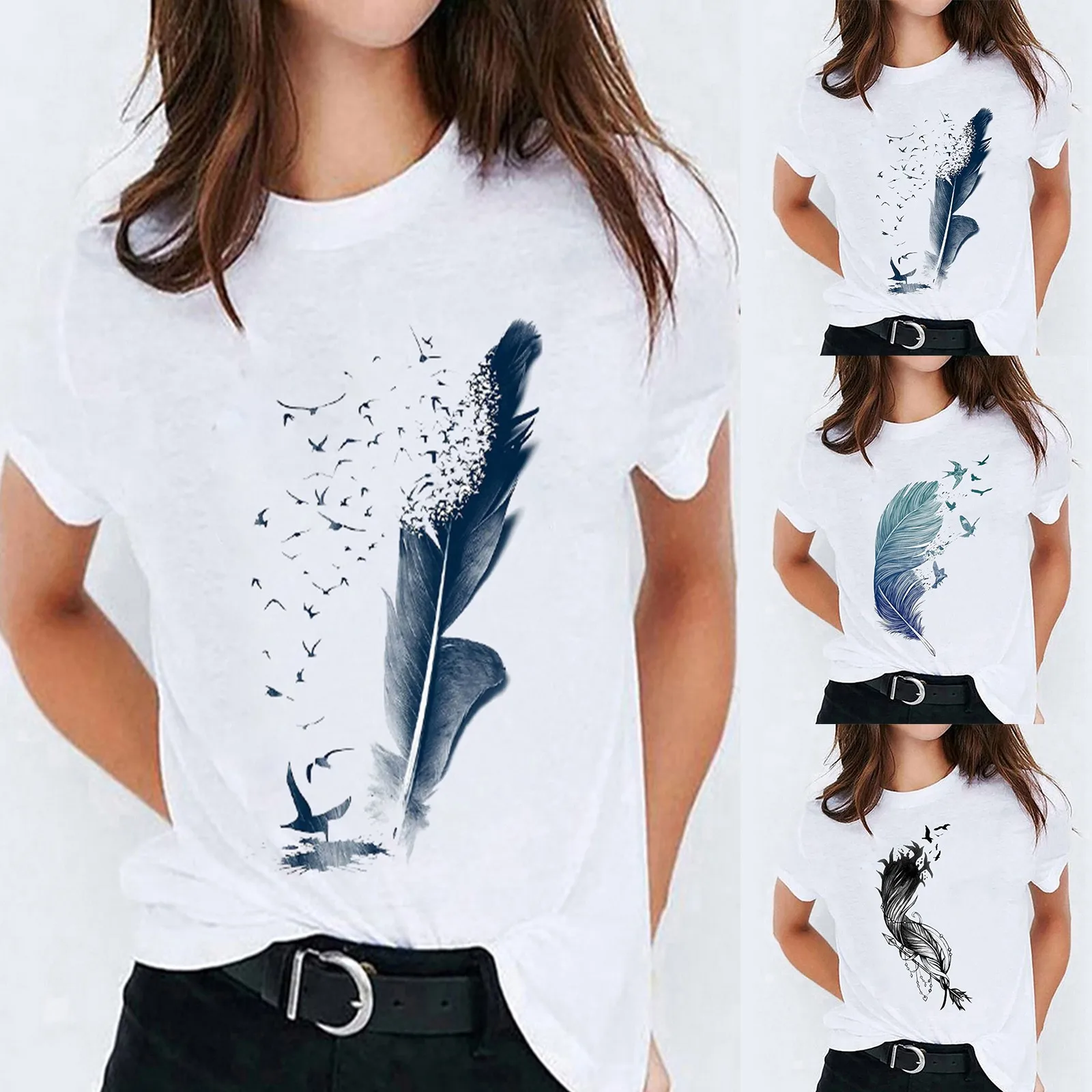 

Casual Graphic T-Shirt Women Solid Color Plumage Pattern Printed Women Tee Shirt O-Neck Summer Harajuku Tops Short Sleeve Tshirt