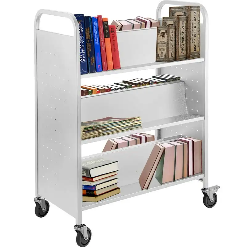 

Book Cart Double Sided W-Shaped , Rolling Book Cart with 4 inch Lockable Wheels, for Home Shelves Office and School Book Truck i