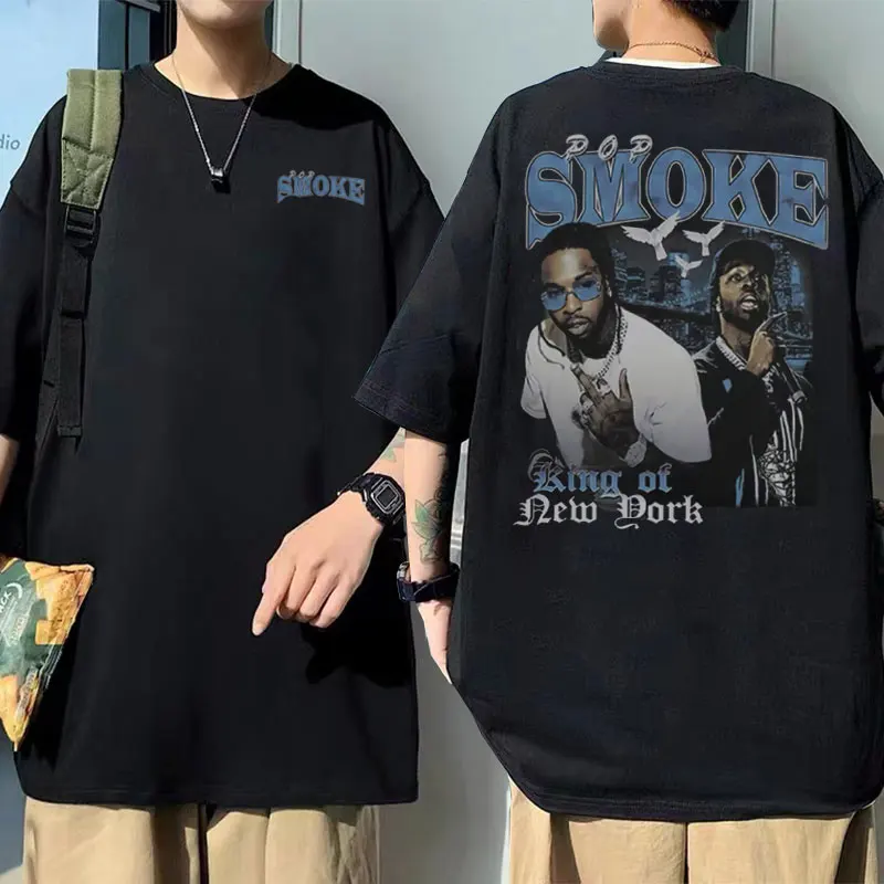 

Hot Sale New Pop Smoke Double Sided Print T-shirt Men Rapper The Woo King Black Cotton T Shirts Man Fashion Hip Hop Streetwear