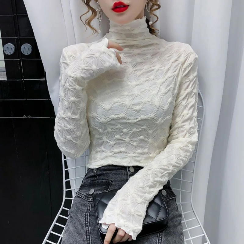 

T Shirts Female Autumn Clothes Lace Tees Elegant Top for Women Long Sleeve Pulovers Glitter Loose Cheap 90s Turtleneck Art White