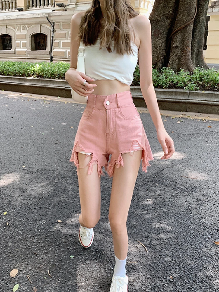 New Summer Women Fashion Holes Wide Leg Sexy Denim Shorts Lady Casual High Waist Pockets Solid Color Pink Jean Shorts