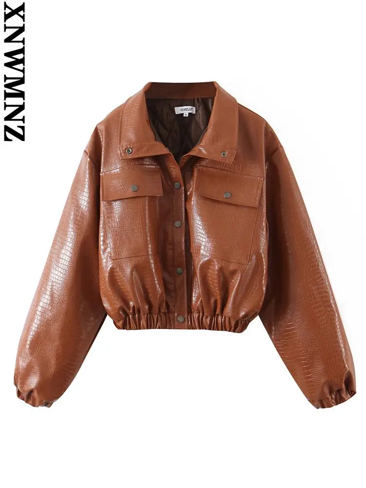 

XNWMNZ, Женская куртка 2022, модные стеганые куртки из искусственной кожи, короткое пальто, винтажная женская верхняя одежда с отложным воротник...