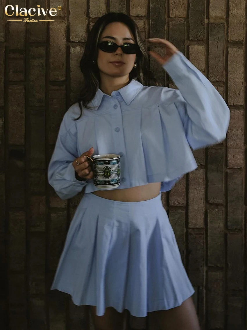 Clacive Fashion Свободный синий хлопковый женский комплект из двух предметов